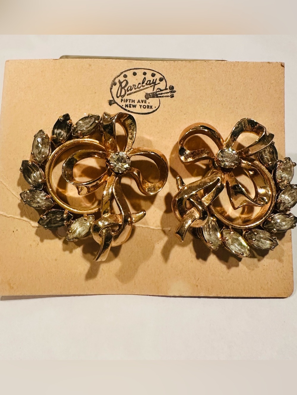 Barclay Gold Bow Rhinestone Clip-On Earrings